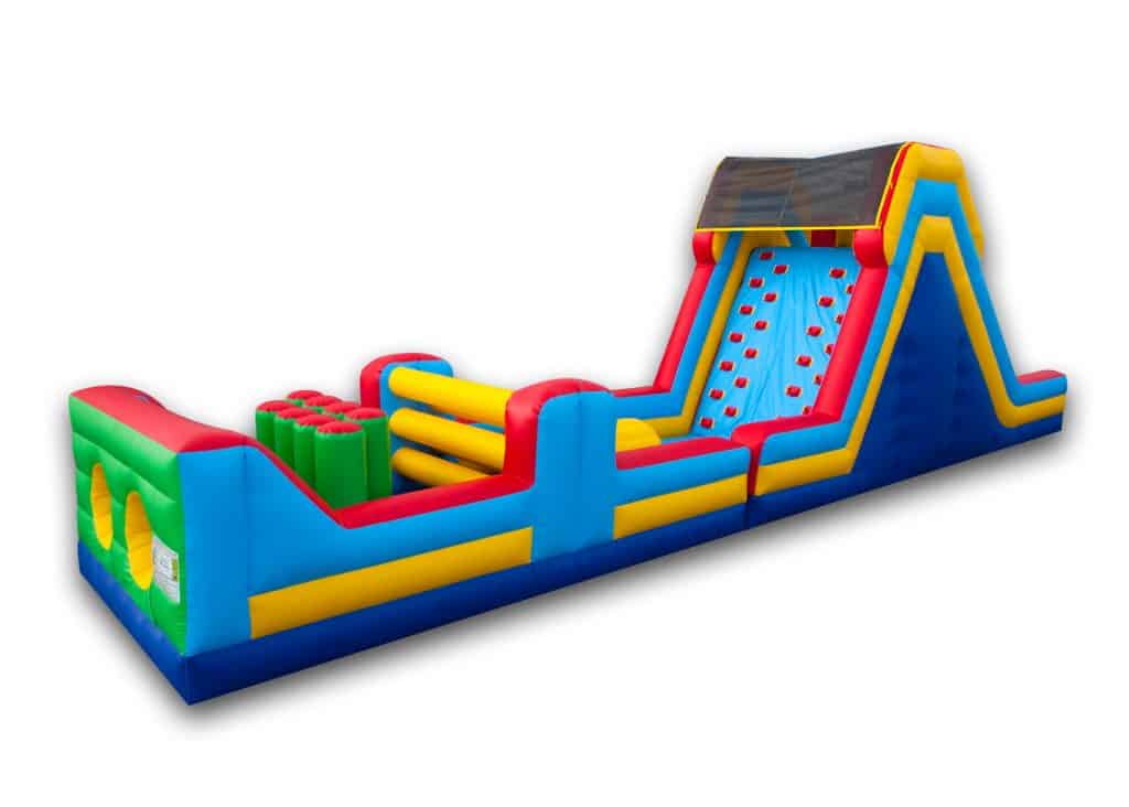 An inflatable obstacle course with bright red, yellow, blue, and green sections—perfect for party rentals Long Island—features climbing areas, barriers, and a tall slide against a plain white background.