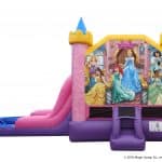 This pink and purple castle bounce house Long Island features Disney princesses like Snow White, Cinderella, Belle, Ariel, Jasmine, and Tiana—perfect for magical party rentals Long Island, NY!.