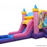 Colorful inflatable bounce house and slide decorated with images of princesses, featuring pink, yellow, blue, and purple sections, with a small pool at the end—perfect for party rentals Long Island or any NY celebration.