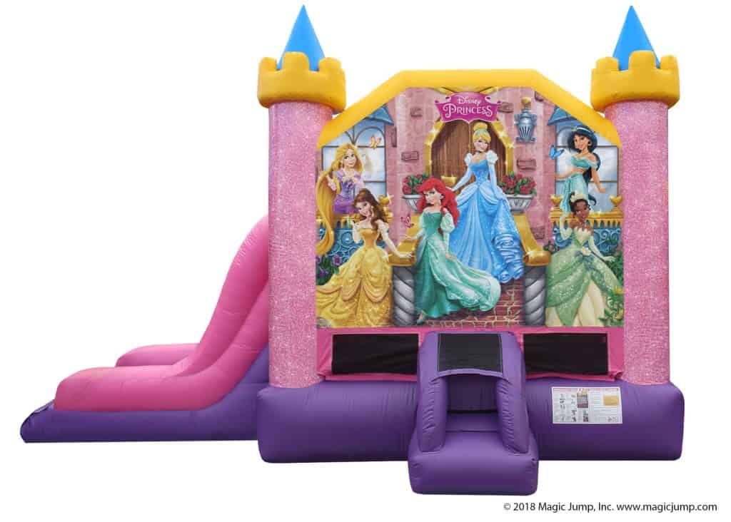 Colorful inflatable bounce house Long Island and slide featuring Disney princesses—Cinderella, Belle, Ariel, Jasmine, and more—with pink and purple castle-like towers and a “Disney Princess” sign above the entrance; perfect for NY party rentals!.