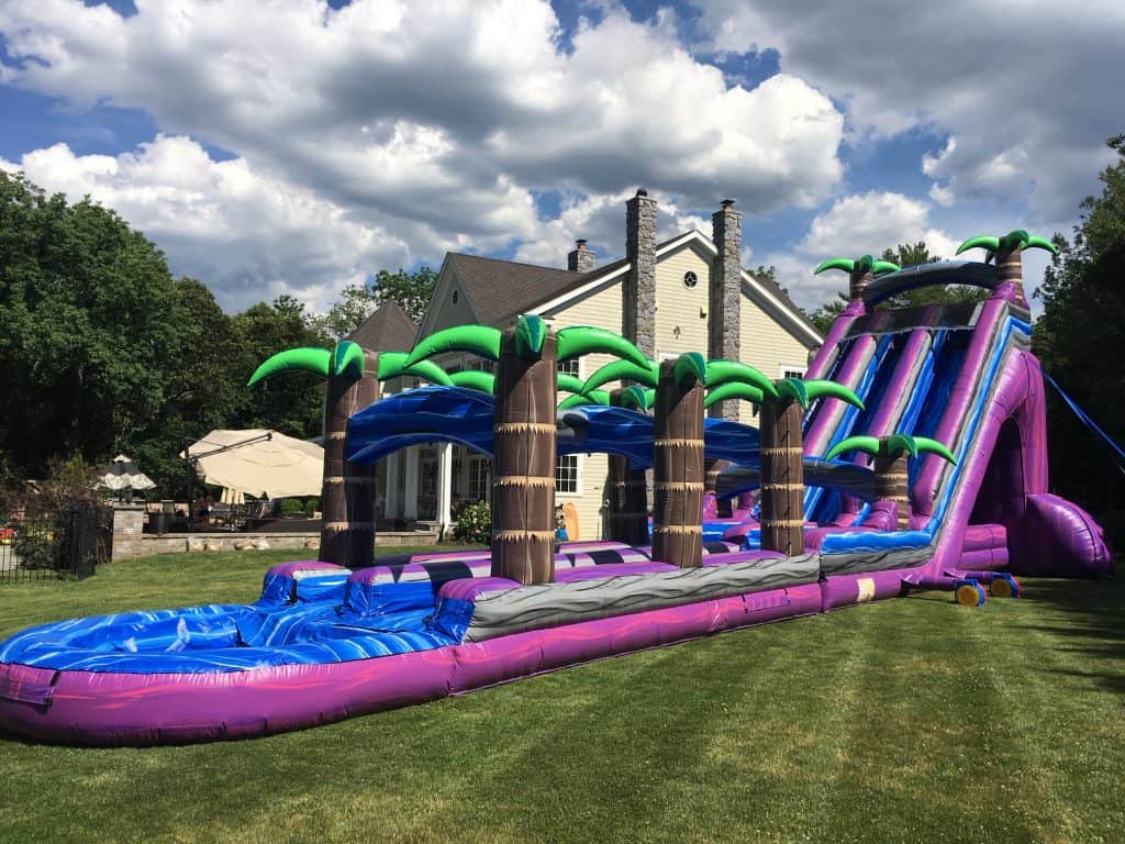 A large inflatable water slide with palm tree decorations is set up on a grassy lawn near a house, perfect for party rentals Long Island, NY. The slide features two lanes and a long splash pool at the bottom under a partly cloudy sky.