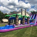 A large inflatable water slide with palm tree decorations is set up on a grassy lawn near a house, perfect for party rentals Long Island, NY. The slide features two lanes and a long splash pool at the bottom under a partly cloudy sky.