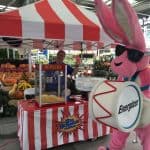 Energizer bunny next to popcorn stand