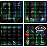Four pixelated images: a winding green path with red dots; two figures, one orange and one green, behind vertical bars like a bounce house Long Island; a green and blue structure; and a green creature with a red face under rain and clouds.