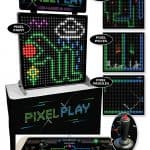Arcade game cabinet labeled "Pixel Play" with a pixelated LED display, joystick controls, and four games—Pixel Paint, Pixel Python, Pixel Pieces, and Pixel Paddles—offered for party rentals Long Island with vibrant pixel graphics.