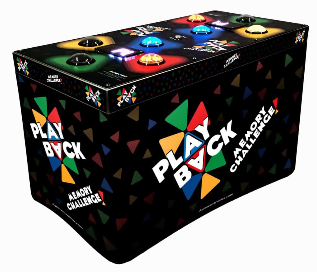 Rectangular arcade-style game console labeled "Play Back Memory Challenge" with colorful geometric shapes and large lit buttons—perfect for party rentals Long Island. The black sides feature playful graphics and vibrant logo text.
