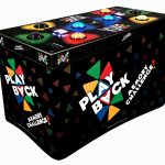Rectangular arcade-style game console labeled "Play Back Memory Challenge" with colorful geometric shapes and large lit buttons—perfect for party rentals Long Island. The black sides feature playful graphics and vibrant logo text.