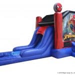 Inflatable bounce house Long Island and slide featuring Spider-Man graphics, red and blue colors, a climbing area, a slide to a shallow pool, and Spider-Man images—perfect for NY party rentals Long Island events.