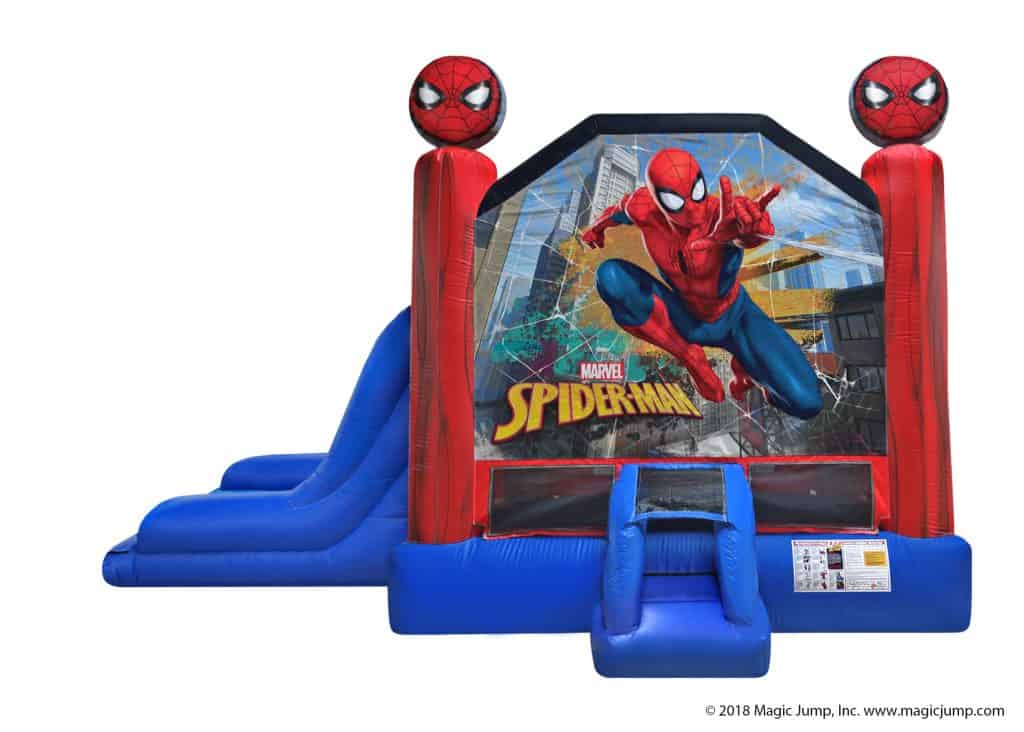 This blue and red inflatable bounce house Long Island features a dynamic Spider-Man design, with two heads on top, a slide on the left, and "Spider-Man" across the front—perfect for fun-filled party rentals in NY.