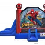 This blue and red inflatable bounce house Long Island features a dynamic Spider-Man design, with two heads on top, a slide on the left, and "Spider-Man" across the front—perfect for fun-filled party rentals in NY.