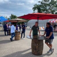 Whisky-Barrel-Table-With-Umbrella-Rental