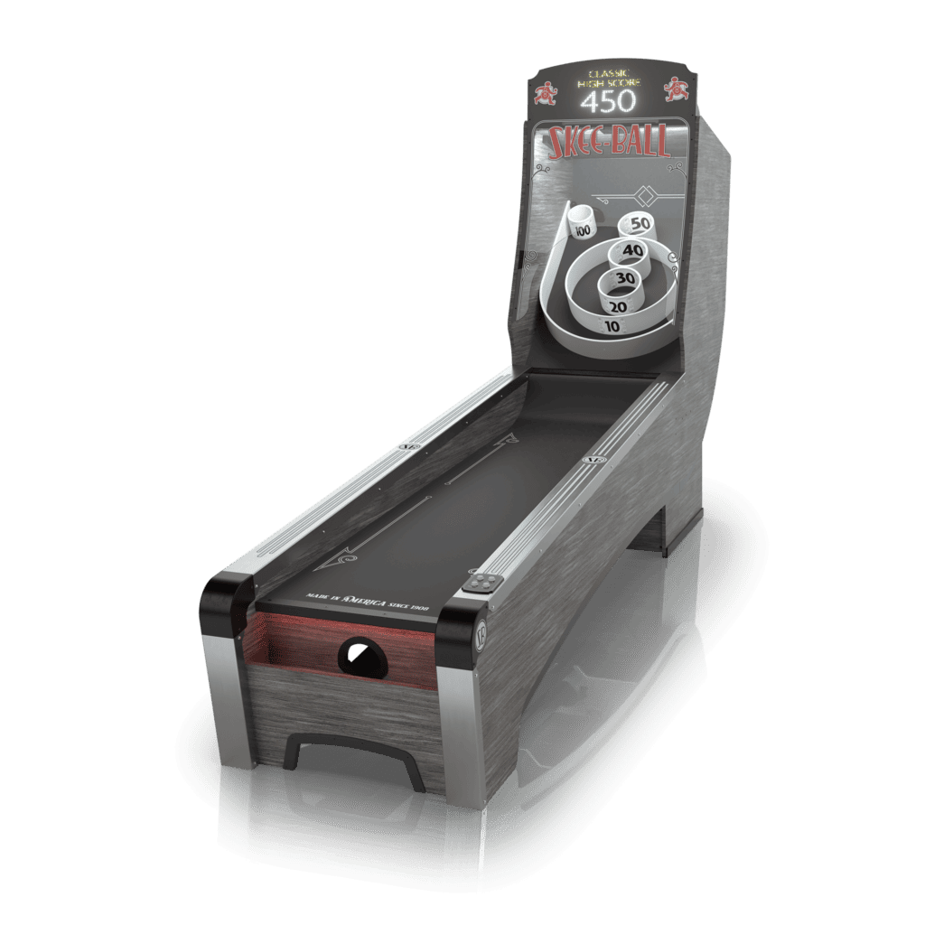 A gray arcade skee-ball machine with four scoring rings marked 10, 20, 30, 40, and a bullseye marked 50; perfect for party rentals Long Island, the digital scoreboard at the top displays a score of 450.