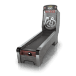 A gray arcade skee-ball machine with four scoring rings marked 10, 20, 30, 40, and a bullseye marked 50; perfect for party rentals Long Island, the digital scoreboard at the top displays a score of 450.