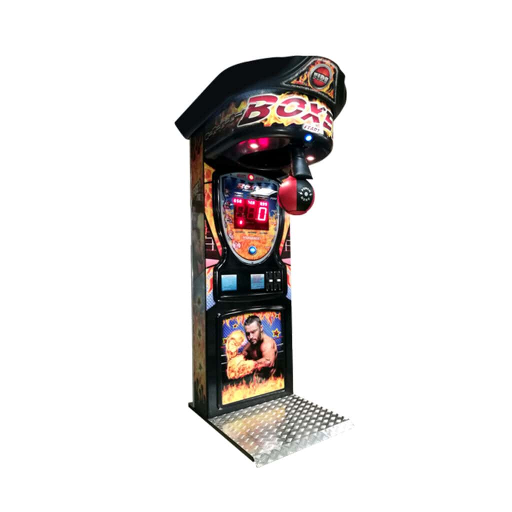 A boxing arcade machine with a padded punching bag, digital score display, and images of a boxer in flames. Perfect for NY events or party rentals Long Island, it features a black and colorful design plus a sturdy standing platform.