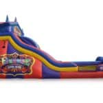 Colorful inflatable slide with "Funhouse Super Slide" written on the side, featuring red, blue, yellow, and purple sections—perfect for NY party rentals Long Island. Set against a white background.