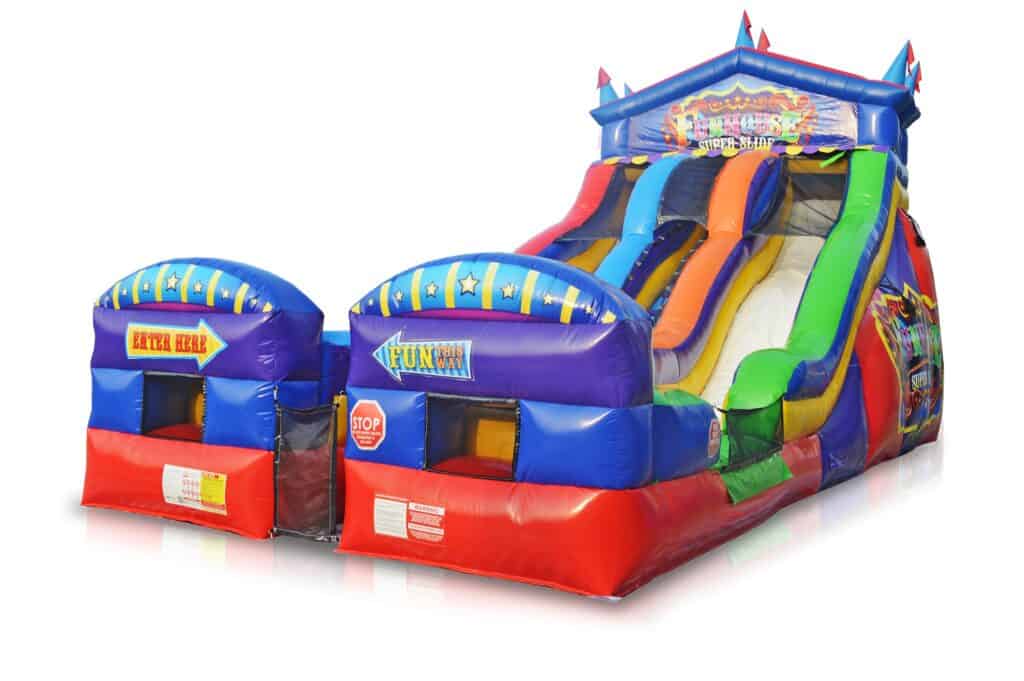 This colorful inflatable slide and bounce house Long Island combo features multiple lanes, stars, and a “Fun Slide” sign—perfect for party rentals Long Island, NY. Bright red, blue, green, and yellow with entry points on the left.