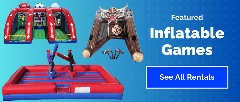 Three inflatable games are shown, including a sports-themed game, a pirate-themed target game, and a jousting arena. Text reads: "Featured Inflatable Games. See All Party Rentals Long Island" on a blue background with dots.