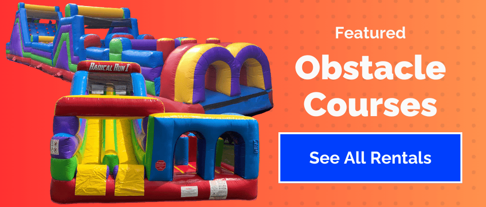 Colorful inflatable obstacle courses are displayed on the left, with bold white text on an orange background to the right reading “Featured Obstacle Courses.” A blue button says “See All Rentals” for bounce house Long Island party rentals.