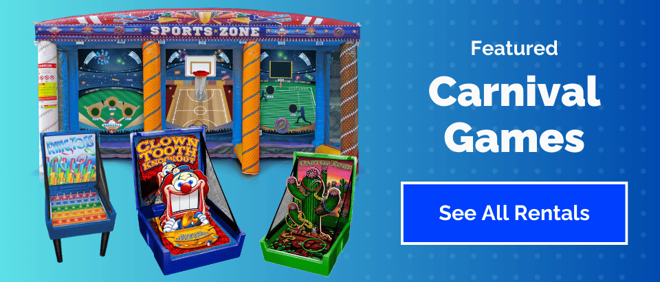 Colorful carnival game booths and arcade games, perfect for party rentals Long Island. A blue banner on the right says "Featured Carnival Games" with a button labeled "See All Rentals.