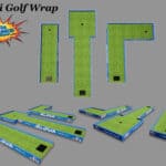 A set of eight mini golf course sections with artificial turf, various shapes, and blue edges, displayed on a gray background. The Big Bounce Theory logo and “Mini Golf Wrap” text appear at the top—perfect for party rentals Long Island or NY events.