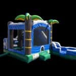 The 7 in 1 Tropical Combo, ideal for Long Island party rentals, features palm trees and blue, green, and gray colors. It includes a bounce house, slide, and small pool area, all showcased beautifully on a black background.