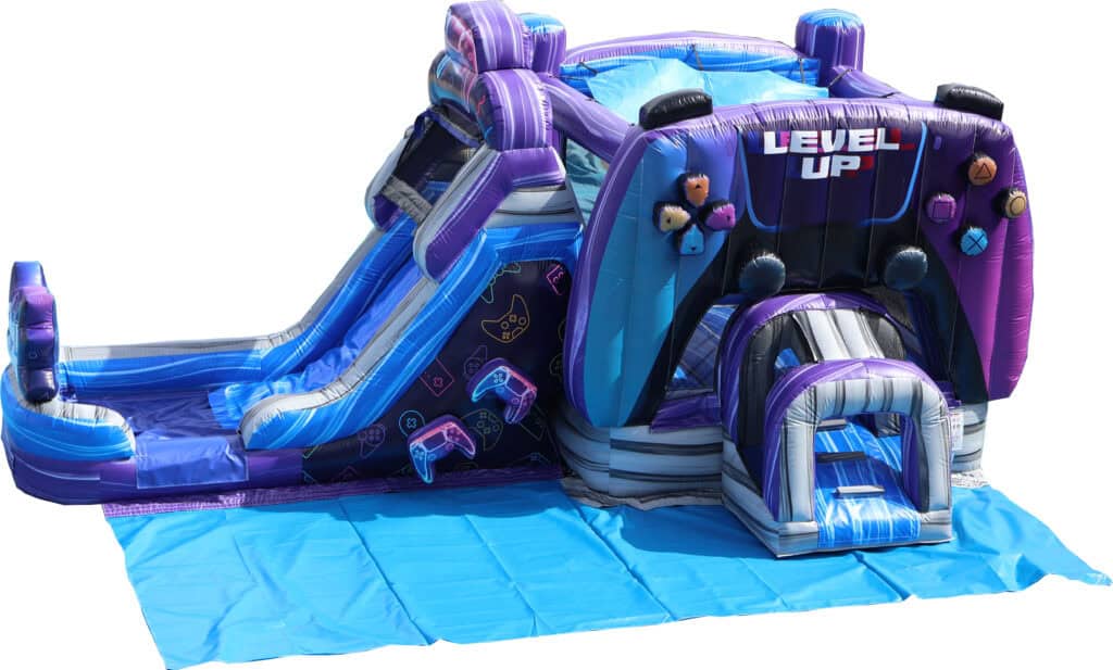 Inflatable bounce house Long Island designed like a video game console with controllers and "Level Up" text, featuring a slide, entrance, and vibrant purple, blue, and black color scheme—perfect for party rentals in NY!.