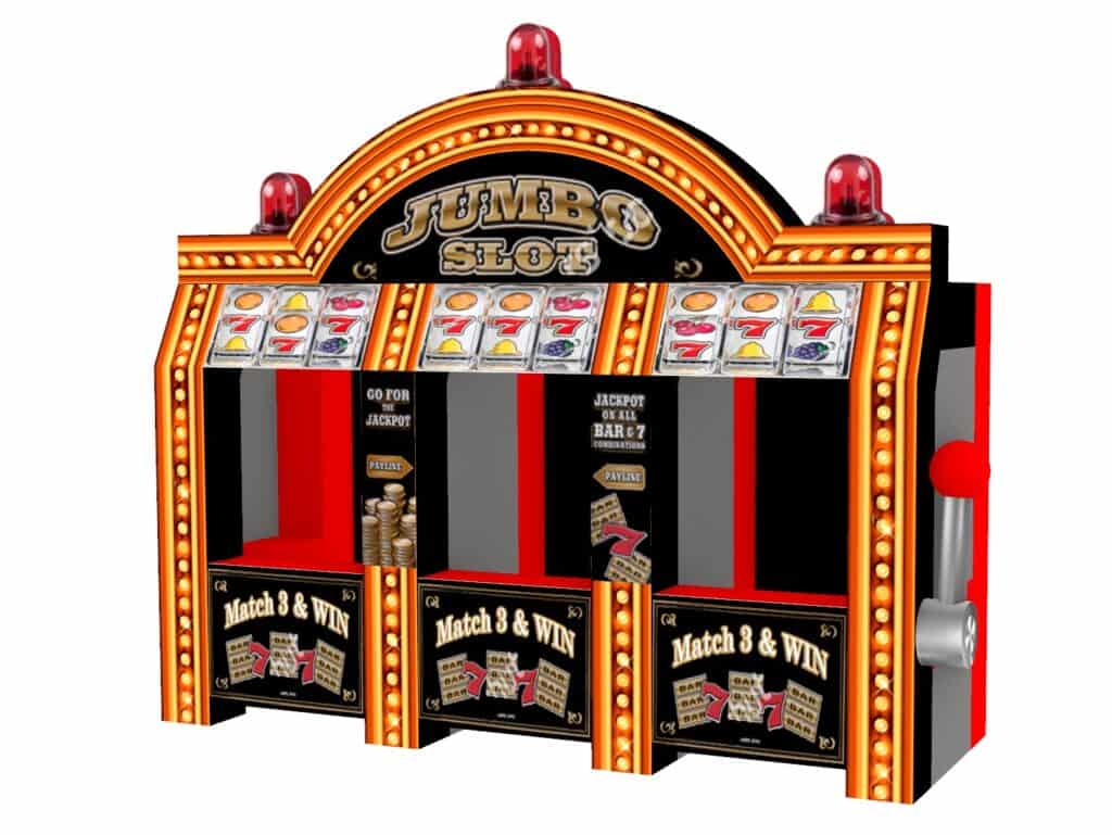 A colorful, vintage-style jumbo slot machine with three reels, bright lights, and a red lever on the side—perfect for party rentals Long Island. The display shows symbols like cherries, bars, and sevens, with "JUMBO SLOT" at the top.
