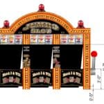 Illustration of a large, retro-style "JUMBO SLOT" machine for party rentals Long Island, NY, featuring three reels, jackpot signs, a red lever on the right, and dimensions: 12'6" tall, 9'0.5" wide, and lever height at 6'7".
