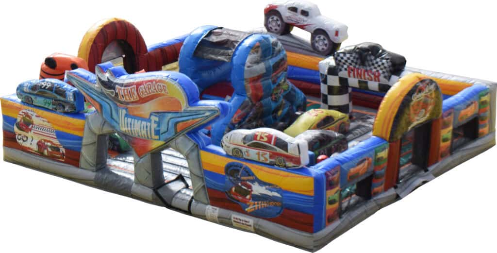 Inflatable obstacle course themed with cartoon race cars and a finish line, perfect for NY events. This bounce house Long Island favorite features vibrant racing graphics, cars on top, and various racing-related elements throughout.