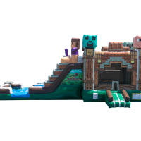The MINECRAFT COMBO Bounce House rental features a Minecraft-inspired design with pixelated animal heads and block-style decorations in green, brown, and tan.