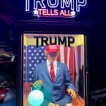A fortune-telling machine features a mannequin resembling Donald Trump in a suit and red "Make America Great Again" hat, with an illuminated crystal ball and an American flag backdrop—perfect for party rentals Long Island, NY. A neon sign reads "TRUMP TELLS ALL.