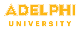 The image shows the words "Adelphi University" in bold, yellow capital letters on a black background. "Adelphi" is outlined and larger, while "University" appears below in a solid, blocky font.