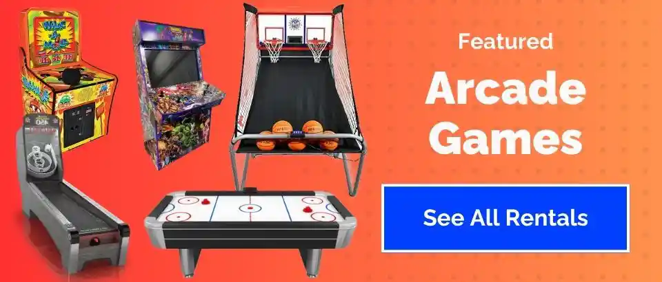 Image of arcade games—skee-ball, basketball, air hockey, and two arcade cabinets—on an orange background. Text reads: "Featured Arcade Games. See All Rentals." Great for party rentals Long Island or bounce house Long Island, NY fun!.