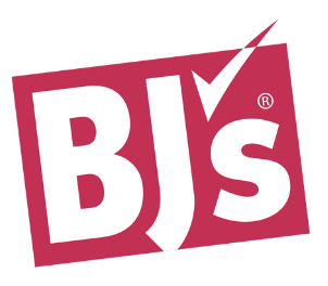 BJ's Wholesale Club logo featuring bold white letters "BJ's" on a tilted red rectangle with a checkmark integrated into the "J".