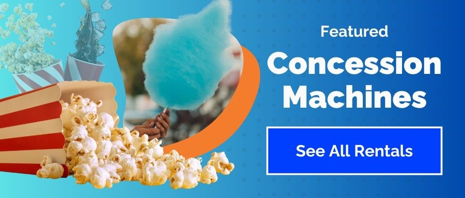 Banner featuring popcorn, cotton candy, and snow cones with the text "Featured Concession Machines"—perfect for party rentals Long Island—and a "See All Rentals" button on a blue background.
