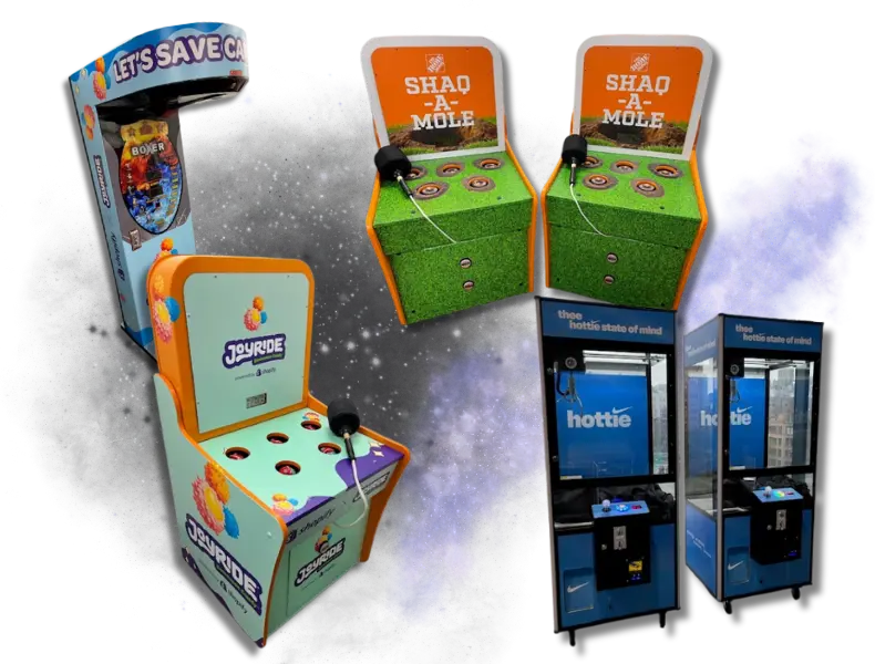 Four colorful arcade machines, including a claw machine, two whack-a-mole games, and a prize machine, are set against a black background with purple and white galaxy-like effects.