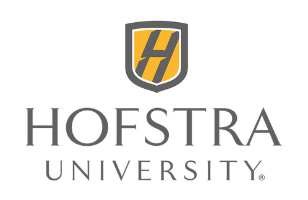 Hofstra University logo featuring a yellow and gray shield with a stylized "H" above the words "Hofstra University" in uppercase gray letters on a black background.