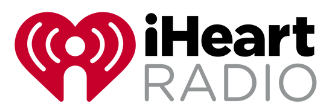 Logo with a red heart containing a stylized letter "i" and radio waves, next to the word "RADIO" in gray capital letters on a black background.