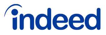 Indeed logo in blue lowercase letters, with a curved line arching over the letter "i" on a transparent background.