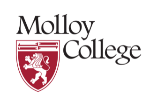 Molloy College logo with a maroon shield featuring a white lion and three horizontal lines, next to the words "Molloy College" in black text.