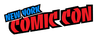 Logo of New York Comic Con with "NEW YORK" in blue and white on top of bold red and black "COMIC CON" text, arranged diagonally on a transparent background.