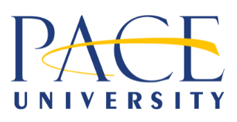Pace University logo featuring the words "PACE UNIVERSITY" in blue with a yellow swoosh arching through the letter "A.