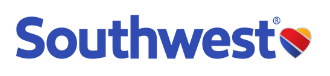 Southwest Airlines logo with the word "Southwest" in blue letters and a heart symbol in red, yellow, and blue on the right side.