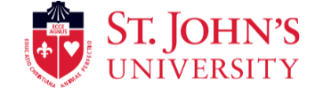 St. John’s University logo featuring a red and navy shield with a fleur-de-lis, heart, and open book, alongside the university name in bold red text.