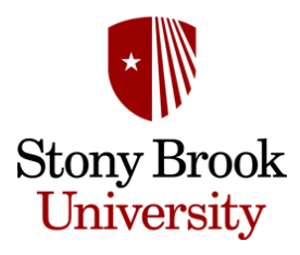 Logo of Stony Brook University featuring a red shield with a white star and diagonal white stripes, with the university's name written below in black and red text.