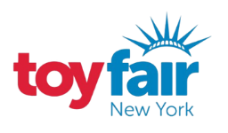 Logo for Toy Fair New York, with "toy" in red, "fair" in blue with a sunburst above it, and "New York" in smaller blue text below.
