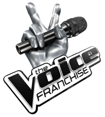 A silver hand making a peace sign holds a microphone above the text "The Voice Franchise" in bold, stylized letters.