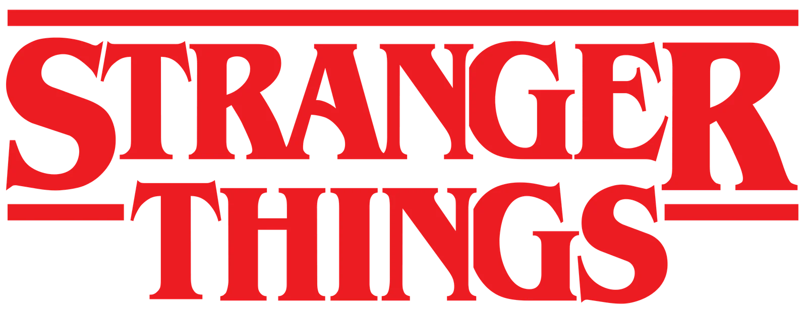 Red text logo for the TV show "Stranger Things" in bold, uppercase letters with horizontal lines above and below the words on a transparent background.