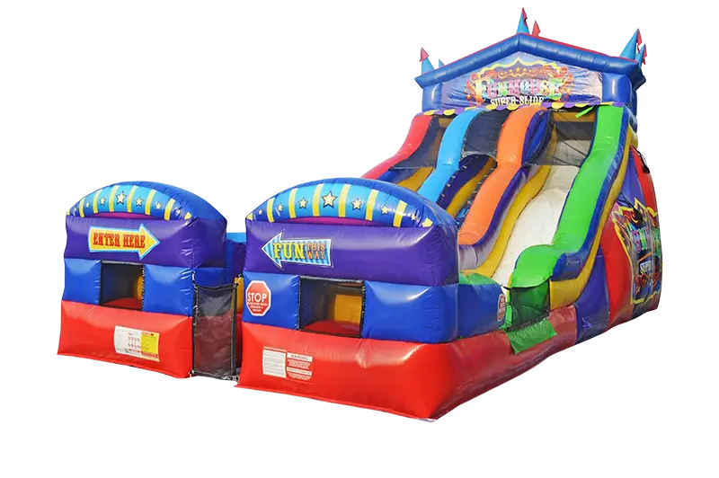 Colorful inflatable slide and climbing structure with multiple lanes, decorated with stars and playful designs. The entrance is labeled "ENTER HERE" and the slide has brightly colored lanes for sliding down.