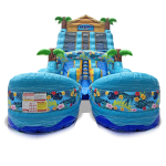 The Beach Party Dual Lane Water Slide features palm trees, blue water design, floral patterns, and a hut labeled "Beach" at the top—perfect for summer fun.
